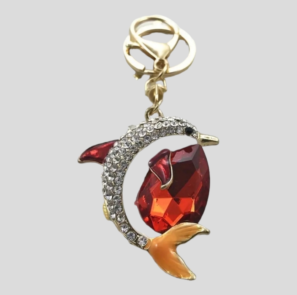 Rhinestone Dolphin w/Ruby Red Crystal Keychain/Purse Charm, NWT